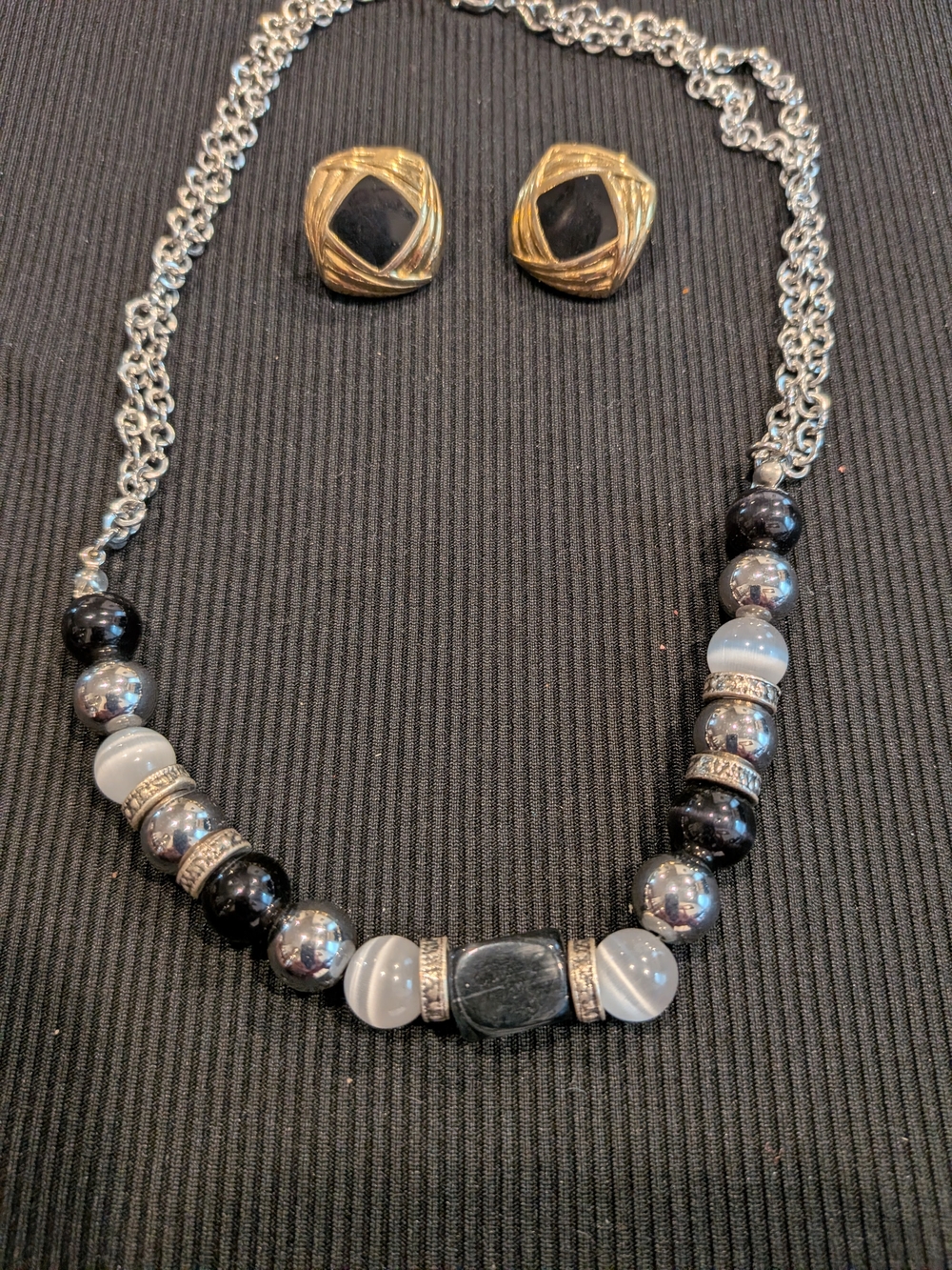 B#4:Elegant Black & Silver Beaded Necklace with Matching Gold-Tone Earrings